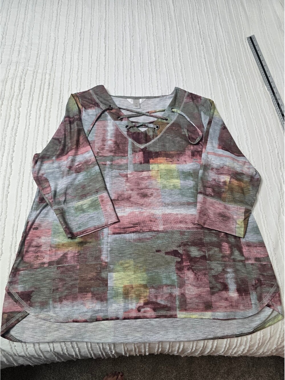 CJ Banks Women's 1X Lace-Up V-Neck Tunic Top with Abstract Pattern